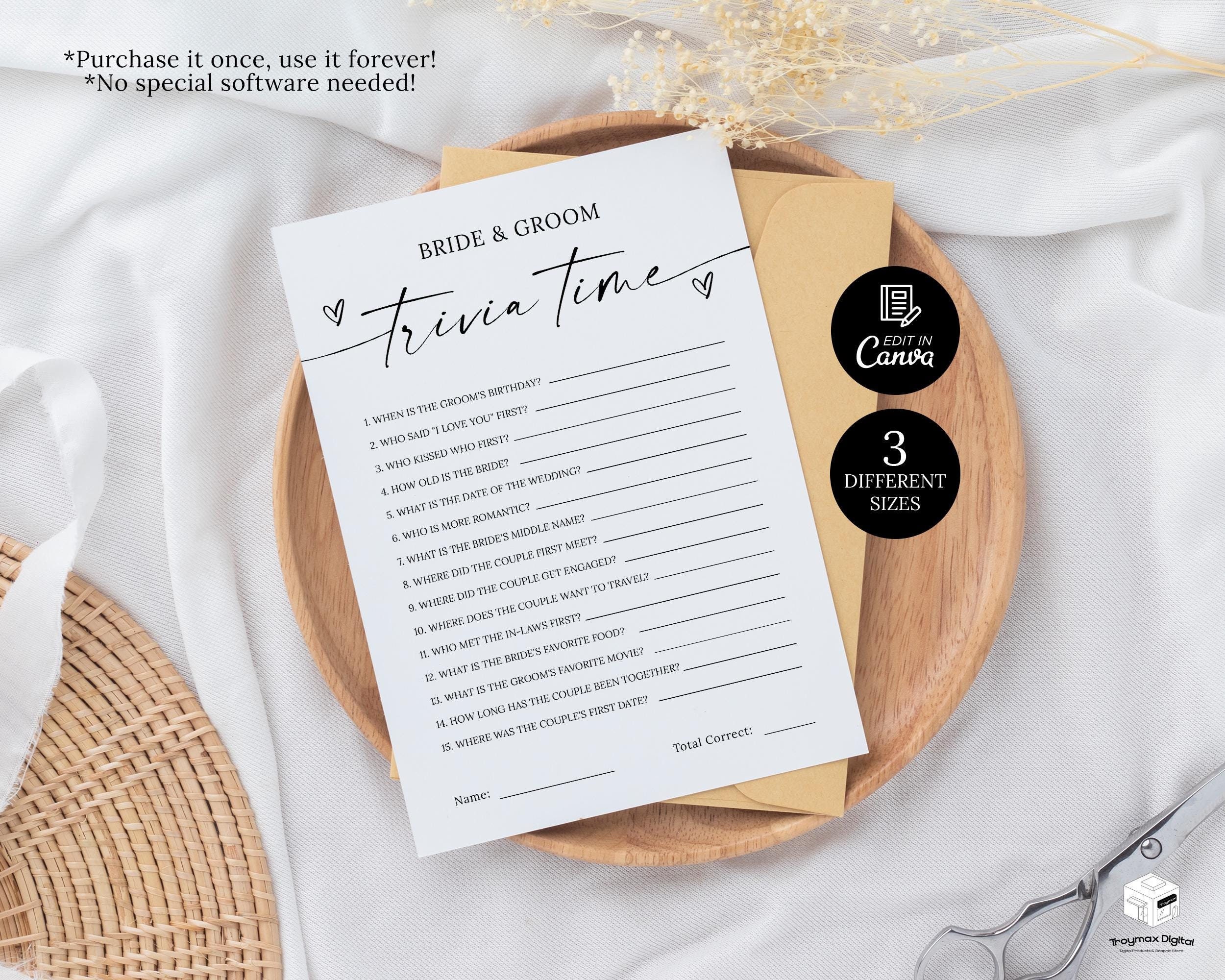 Trivia Game For Bride And Groom Wedding Game Template, Minimalist Bridal Shower Game,  Modern Wedding Activity Questions, Wedding Party Game