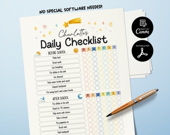 Lista de verificación diaria editable, planificador diario para niños, tabla de responsabilidades para niños, tabla de comportamiento editable, tabla de responsabilidades para niños imprimible