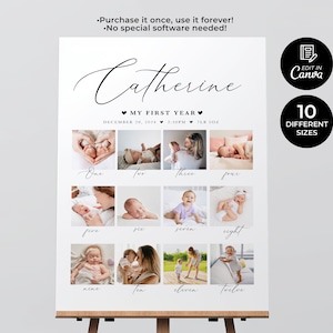 Modèle de planche d'anniversaire du premier bébé, modèle d'affiche 1re année, panneau de collage photo 1er anniversaire, imprimable année en images