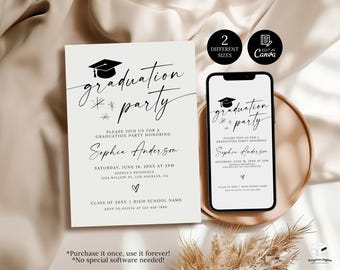Plantilla de invitación para fiesta de graduación, tarjeta de anuncio de graduación, invitación de graduación, tarjeta de graduación universitaria, invitación de instituto, promoción de 2026