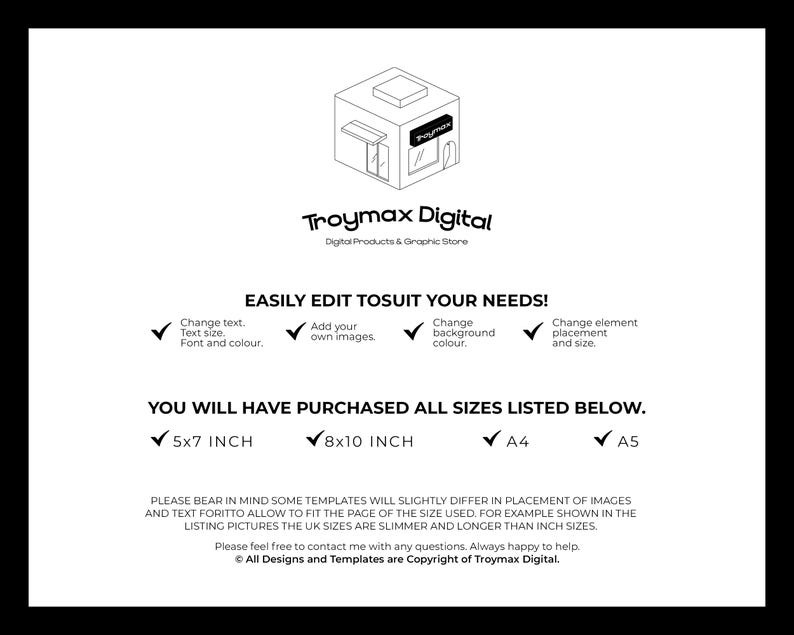 Op de afbeelding: Een witte afbeelding met de tekst "Troymax Digital" en "EASILY EDIT TOSUIT YOUR NEEDS!". De afbeelding bevat ook vinkjes naast opties als "5x7 INCH", "8x10 INCH", "A4" en "A5".