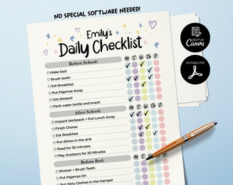 May include: A printable daily checklist for kids with a colorful design. The checklist includes tasks for before school, after school, and before bed. The checklist is editable and can be customized with a child's name. The text on the checklist reads "Emily's Daily Checklist".