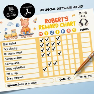 Editable Teddy Bear Reward Chart, Printable Chore Chart for Kids, Good Behavior Tracking Child, Daily Behavior Checklist Behavior Management
