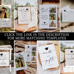 May include: A collection of graduation party supplies, including welcome signs, photo guestbook signs, thank you cards, advice cards, and cards and gifts signs. The signs and cards feature photos of a graduate and elegant calligraphy.