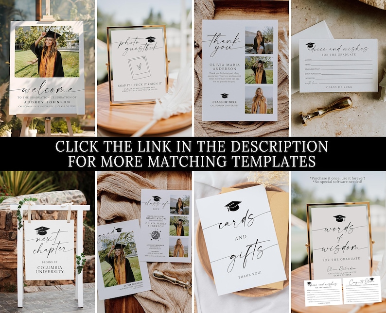 May include: A collection of graduation party supplies, including welcome signs, photo guestbook signs, thank you cards, advice cards, and cards and gifts signs. The signs and cards feature photos of a graduate and elegant calligraphy.