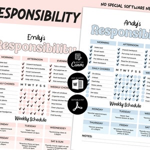 Editable Responsibility Chore Chart for Kids, Daily Weekly Schedule, Responsibility Chart, After School Kids, Child Responsibility Cleaning