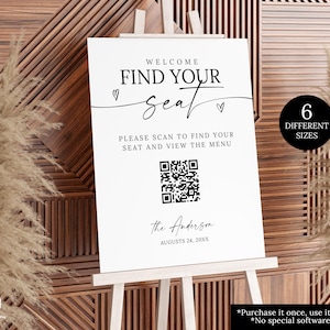 QR-Code Hochzeits-Sitzplan-Zeichen, modernes digitales Sitzplan-Plan-Zeichen, Tischplan-QR-Code-Abfragezeichen, Hochzeit finden Sie Ihr Sitzplan-Zeichen