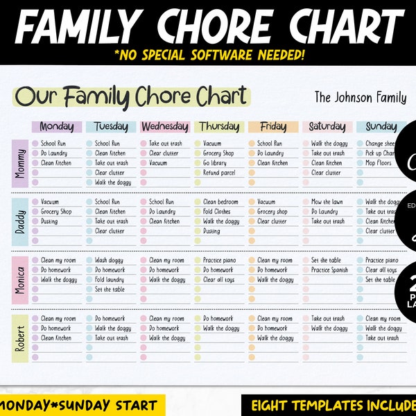 Colorful Family Chore Chart, Weekly Family Schedule, Daily Family Calendar, Printable Family Planner, Household Kid Adult Family Chart Canva