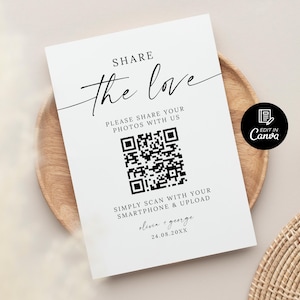 Wedding Photo QR Code Card Template, Scan & Share Card, Minimalist Share The Love QR Code Wedding Photos Card and Sign Printable Canva