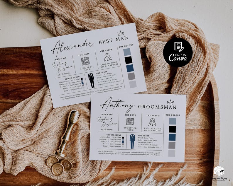 May include: Two wedding invitation cards with the names "Alexander" and "Anthony" printed on them. The cards include details about the wedding date, location, and color scheme. The cards are on a wooden tray with a gold wax seal and coins.