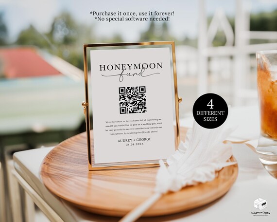 Honeymoon Fund QR Code Sign Template, Minimalist Wedding Cash Gift Sign, Custom Honeymoon Sign, Wedding Cash Gift Honeymoon Qr Code Sign
