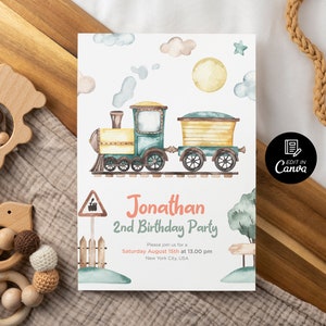 Plantilla de invitación para fiesta de cumpleaños de tren para niños, invitación de cumpleaños de tren editable para niños, plantilla de invitación de cumpleaños de tren imprimible