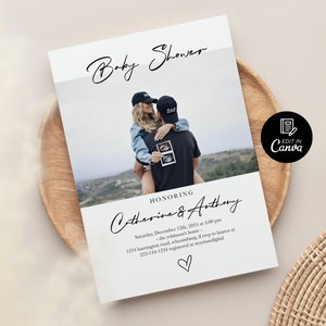 Schwangerschaftsankündigung, Babymitteilung, Babypartypostkarte mit Bild, bearbeitbare Canva-Schwangerschaftskarte, Foto-Babypartyeinladung