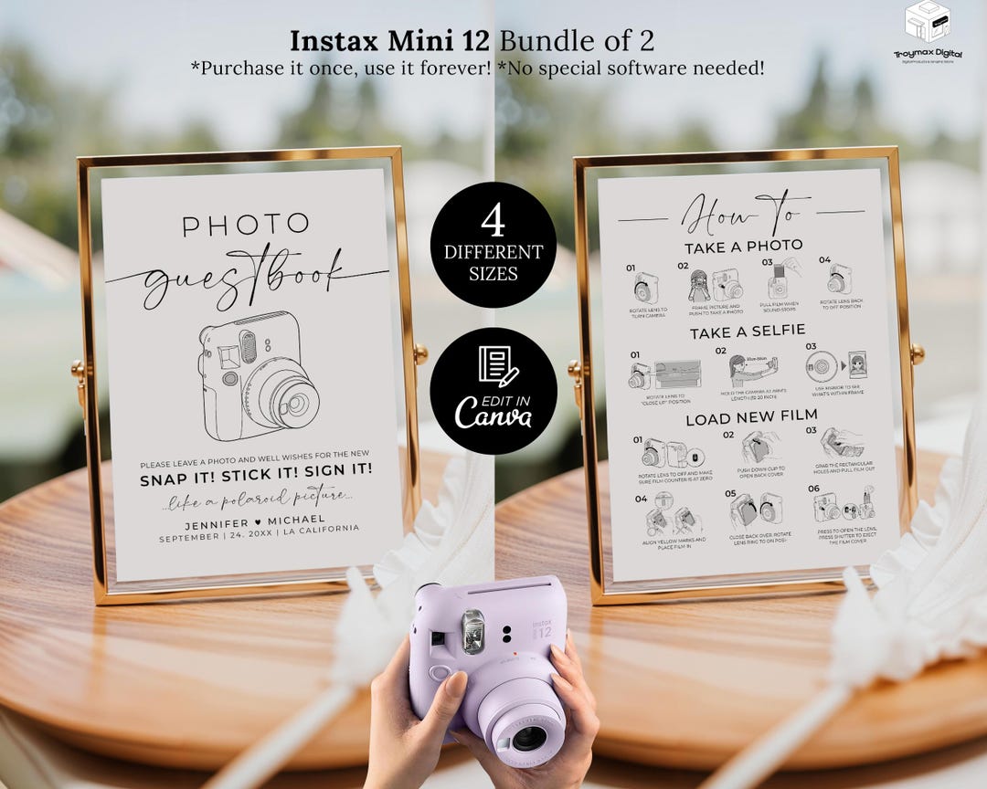 Instax Mini 12の説明書テンプレート、ポラロイドのゲストブックサイン