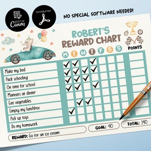 Editable Race Car Reward Chart, Printable Chore Chart for Kids, Good Behavior Tracking Child, Daily Behavior Checklist, Behavior Management