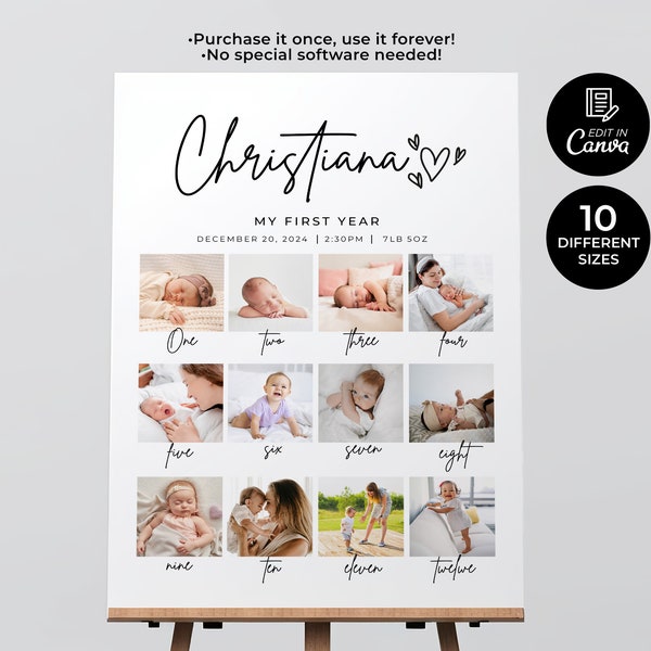 First Milestone Birthday Board Template, 1st Birthday Photo Collage Sign, Printable Year In Pictures Board, Baby's 1st Year Poster Template