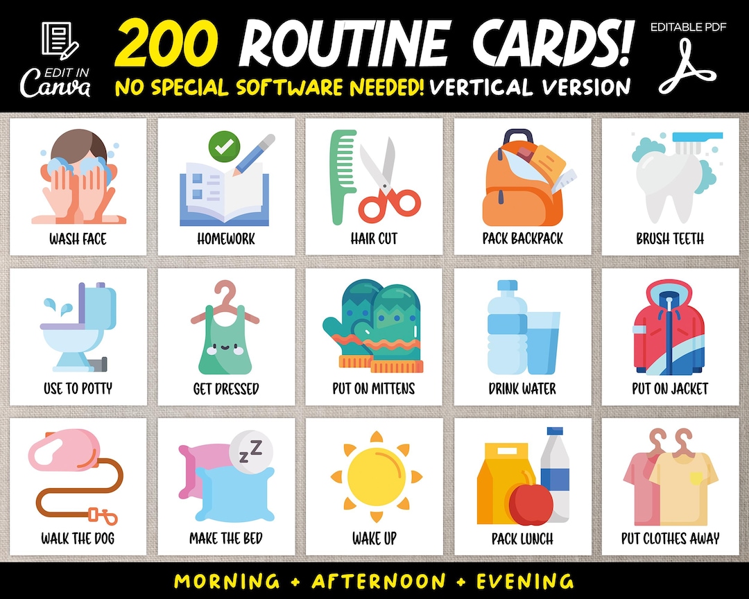 Create Routine Cards Editable Daily Routine Cards for Kids, Daily Routine Chart, Toddler ...