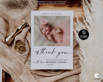 Newborn Birth Announcement Thank You Card Template, Custom Baby Photo Name Design, Printable Birth Postcard for Family, Instant Download