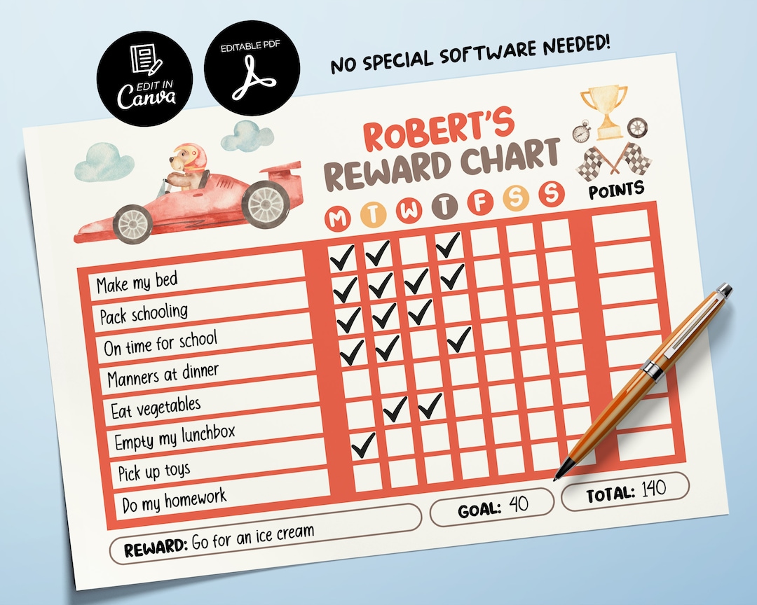 Editable Race Car Reward Chart Printable Chore Chart for Etsy