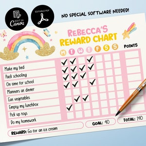 Editable Rainbow Reward Chart for Girls, Printable Chore Chart Kids, Good Behavior Tracking, Daily Behavior Checklist, Behavior Management