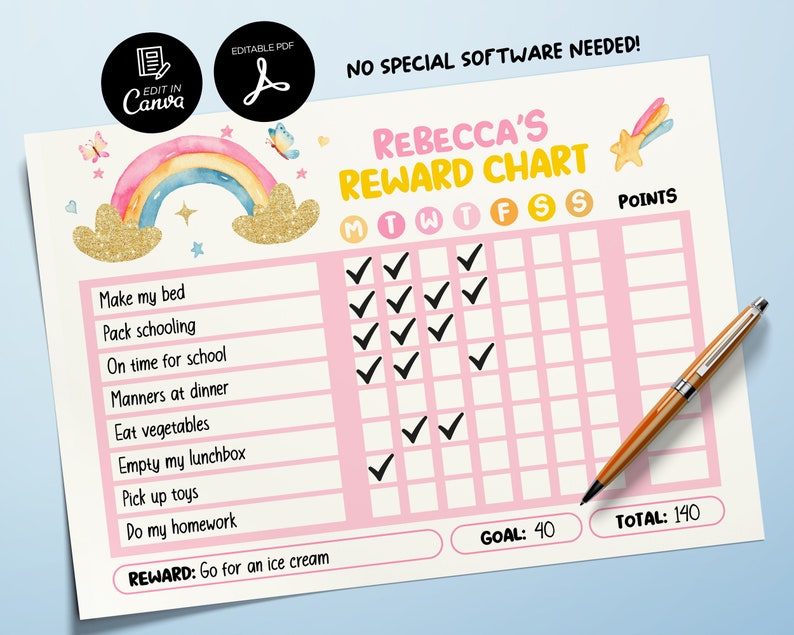 Editable Rainbow Reward Chart for Girls, Printable Chore Chart Kids ...
