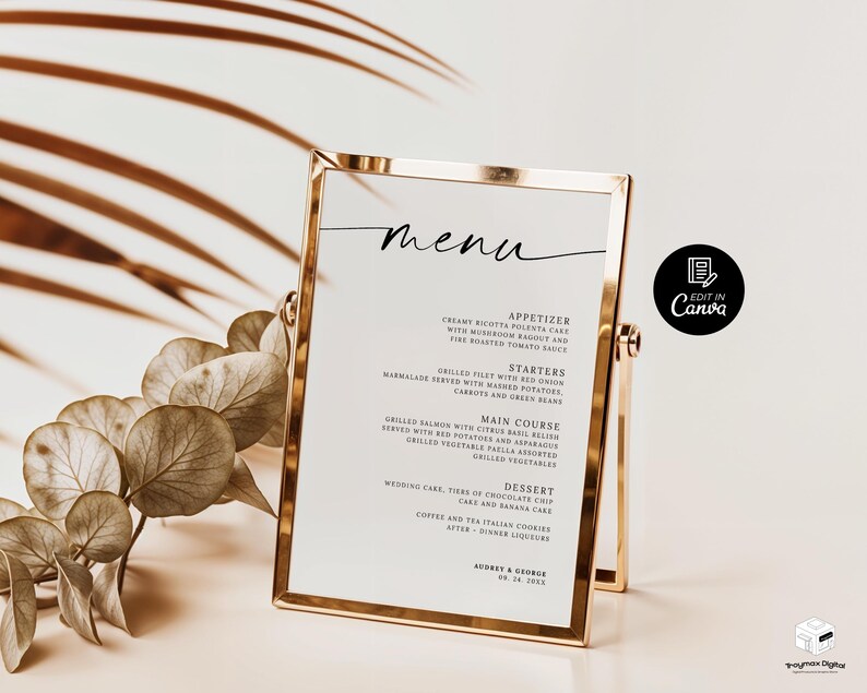Op de afbeelding: Een goudomrand menu met een witte achtergrond, met het woord 'menu' in elegant schrift. Het menu bevat voorgerechten, voorgerechten, hoofdgerechten en desserts. De onderkant van het menu bevat de namen 'Audrey & George' en de datum '08.24.2025'.