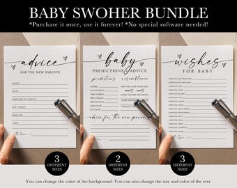 May include: A baby shower bundle with three different advice cards, a predictions card, and a wishes card. Each card has a handwritten font and a heart. The bundle includes a pen and is available in three different sizes.