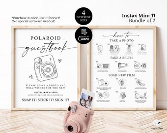 Plantilla de instrucciones para Instax Mini 11, letrero para libro de visitas Polaroid, cómo cargar película nueva, letrero para tomar una foto, letrero para libro de visitas con fotos