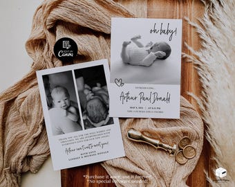 Plantilla de anuncio de nacimiento de bebé recién nacido, tarjeta de anuncio de nacimiento con foto, anuncio de bebé imprimible