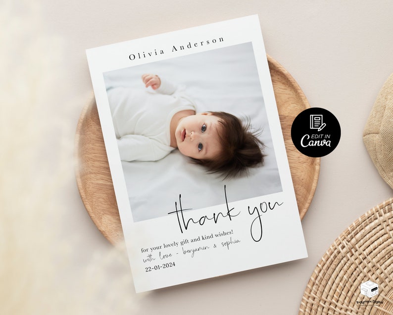May include: A white thank you card with a photo of a baby girl lying on a white blanket. The text on the card reads "thank you for your lovely gift and kind wishes! with love - beryanin & sophia 22-01-2024".