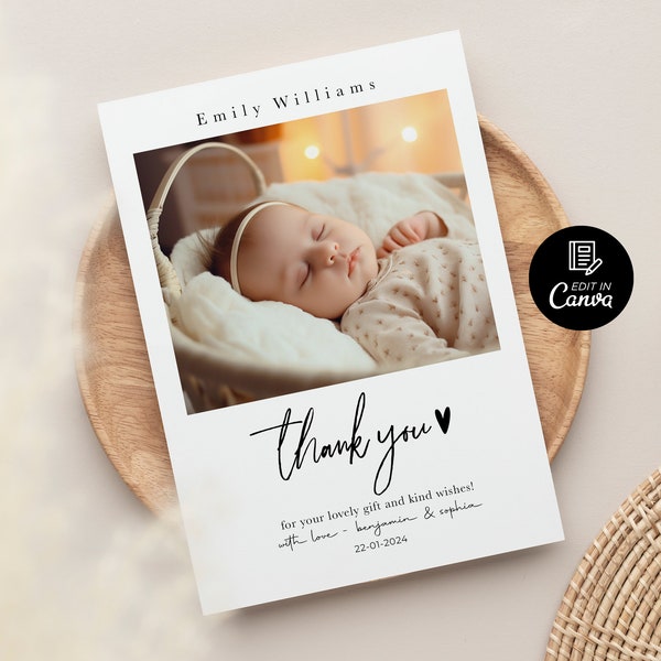 Photo Thank You Card for Newborn Baby with Name, Birth Card, Personalized Birth Announcement ThankYou Card, Baby Shower Thank You Card Canva