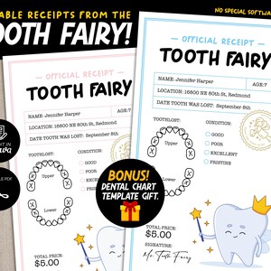 Certificado de recibo del Hada de los Dientes para niños, cuadro de cepillado mensual para niños, carta editable del Hada de los Dientes, plantilla de formulario del Hada de los Dientes