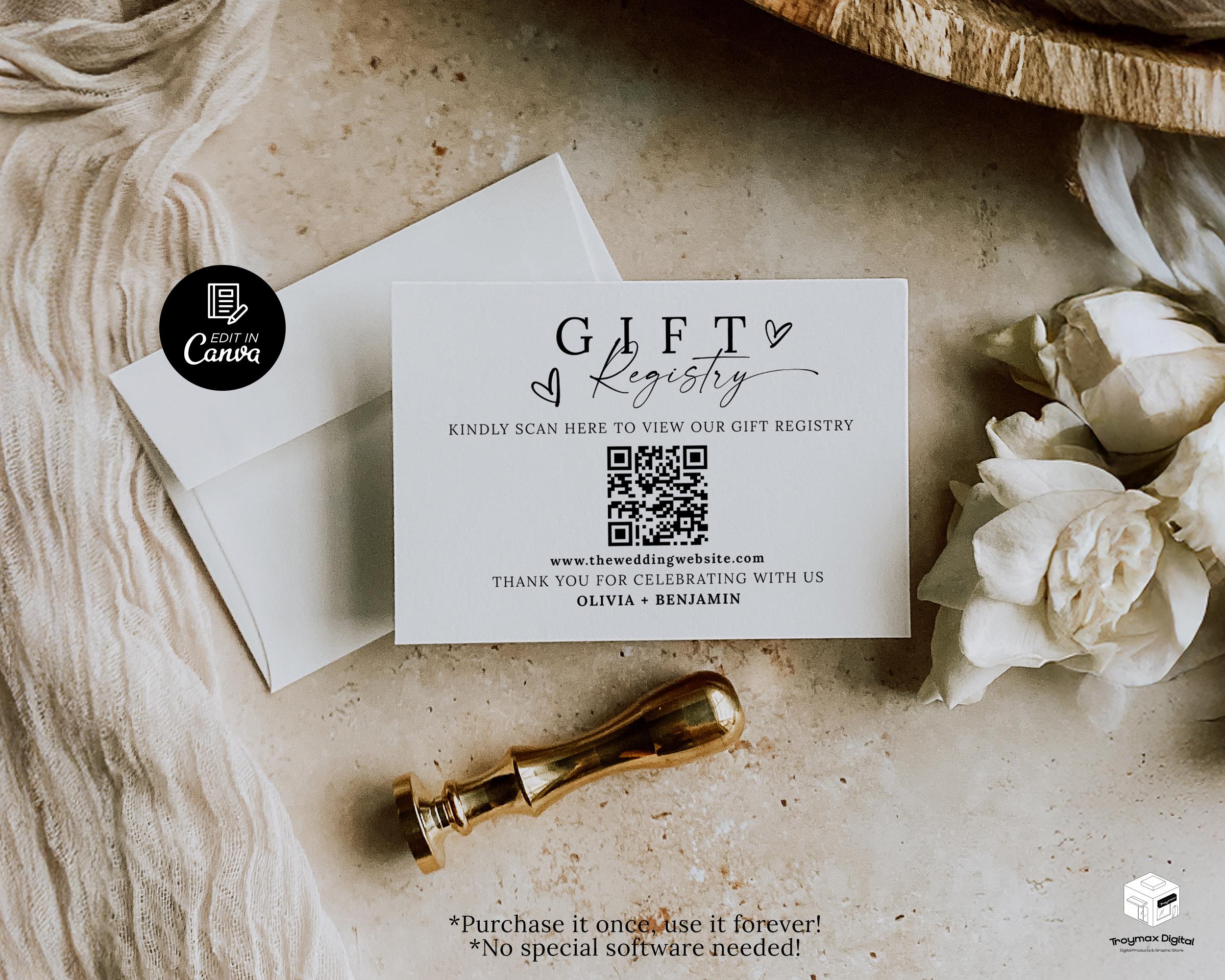 Registry Sign Wedding Gift Registry Card Template, QR Code Registry Card, A Note on ...