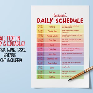 May include: A colorful daily schedule printable for kids with the name Benjamin at the top. The schedule includes times from 7:00 AM to 8:00 PM and activities like wake up, creative time, physical activity, quiet time, lunch, chore time, story time, electronics time, clean up toys, dinner, bath time, and bed time.