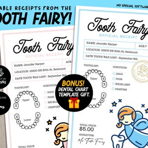 Plantilla de recibo editable del Hada de los Dientes, cartas mágicas del Hada de los Dientes personalizadas e imprimibles, plantilla de cuadro de cepillado mensual para niños