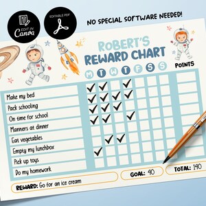 Editable Space Kids Reward Chart, Printable Chore Chart for Kids, Good Behavior Tracking Child, Daily Behavior Checklist Behavior Management