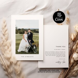 Carte de remerciement avec photo de mariage minimaliste, modèle de carte de remerciement photo moderne, carte de remerciement pour la douche nuptiale, carte de remerciement de mariage moderne