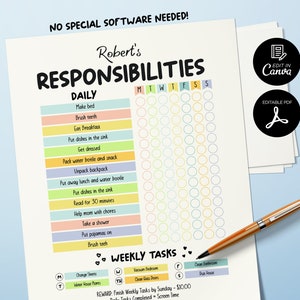 Tabla de responsabilidades para niños imprimible, Planificador diario para niños, Lista de verificación diaria editable, Tabla de responsabilidades para niños, Tabla de comportamiento