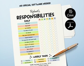 Tabla de responsabilidades para niños imprimible, Planificador diario para niños, Lista de verificación diaria editable, Tabla de responsabilidades para niños, Tabla de comportamiento