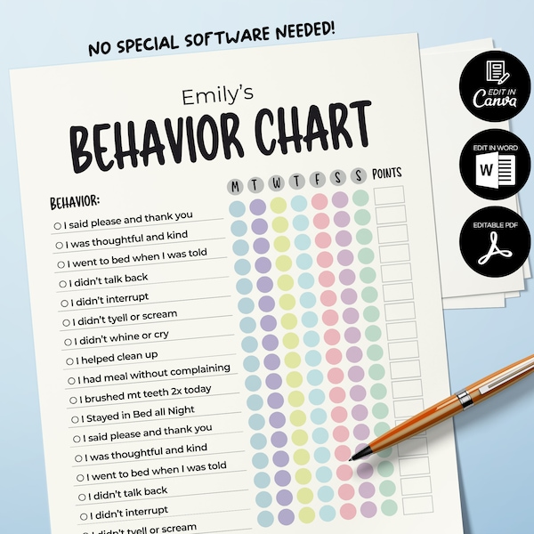 Editable Behavior Reward Chart for Kids, Good Behavior Tracking, Printable Children Behavior Chart, Checklist Editable, Daily Checklist