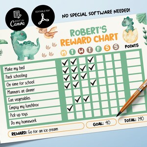 Editable Dinosaur Reward Chart, Printable Chore Chart for Kids, Good Behavior Tracking Child, Daily Behavior Checklist, Behavior Management