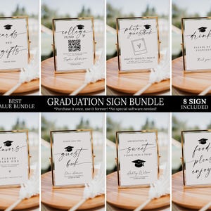 May include: A collection of eight graduation signs in gold frames, displayed on wooden platters. Each sign features elegant calligraphy with phrases like "Cards and Gifts," "Photo Guestbook," and "Food, Please Enjoy!" The signs are part of a graduation sign bundle.
