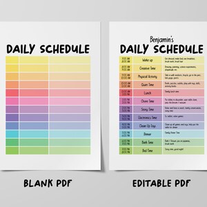 May include: A printable daily schedule template with a blank version and a filled-in version with the name "Benjamin's" at the top. The schedule includes times from 7:00 AM to 8:00 PM and activities like wake up, creative time, physical activity, quiet time, lunch, chore time, story time, electronics time, clean up toys, dinner, bath time, and bed time.