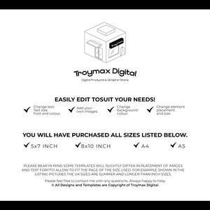 May include: A black and white illustration of a storefront with the text "Troymax Digital" and the tagline "Digital Products & Graphic Store". The image includes a checklist of features, including customizable text, images, background color, and element placement. The text "You will have purchased all sizes listed below." is also included, along with a list of sizes: 5x7 inch, 8x10 inch, A4, and A5.