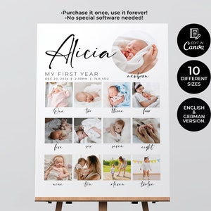 First Milestone Birthday Board Template, Printable Baby 1st Birthday Poster Deutsche und Englische Version, 1st Birthday Photo Collage Schild