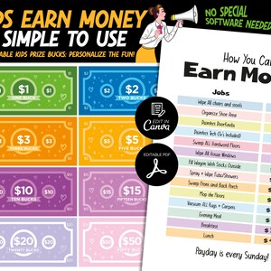 Earn Money Chore Chart, Editable Kids Reward Bucks, Earn Money Chart, Good Behavior Bucks, Reward System For Kids Play Money Pretend Money