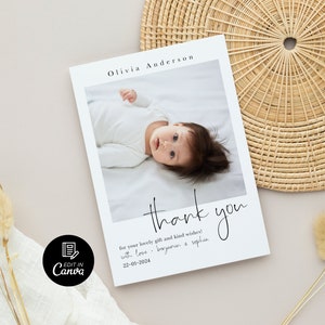 May include: A white thank you card with a photo of a baby girl. The card says "Thank you for your lovely gift and kind wishes! With love - Beryamen & Sophia" and the date "22-01-2024".