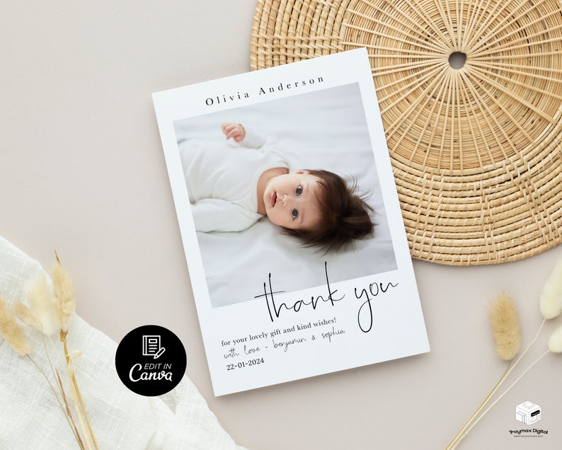 May include: A white thank you card with a photo of a baby girl. The card says "Thank you for your lovely gift and kind wishes! With love - Beryamen & Sophia" and the date "22-01-2024".
