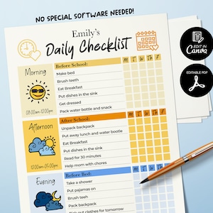 Editable Daily Checklist for Kids, Editable Chore Chart, Daily Schedule, Daily Routine Chart, Home School Planner, Daily Planner for Kids