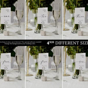 May include: Elegant wedding table setting with champagne flutes, floral arrangements, and table number cards. Each card is labeled with a number from one to six. The image also includes the text "4x20 DIFFERENT SIZES".